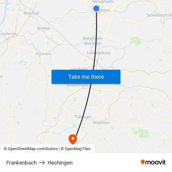 Frankenbach to Hechingen map