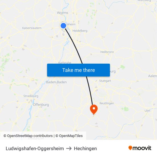 Ludwigshafen-Oggersheim to Hechingen map