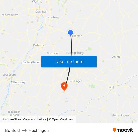 Bonfeld to Hechingen map