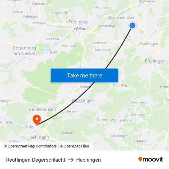 Reutlingen-Degerschlacht to Hechingen map