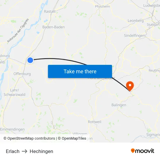 Erlach to Hechingen map