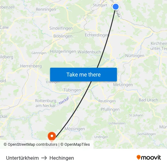 Untertürkheim to Hechingen map