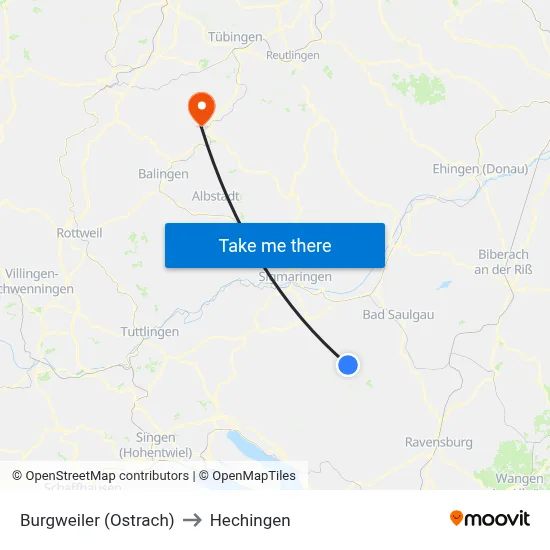 Burgweiler (Ostrach) to Hechingen map