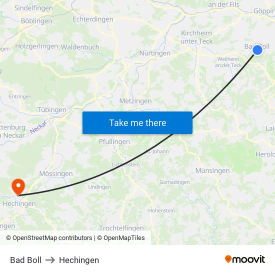 Bad Boll to Hechingen map