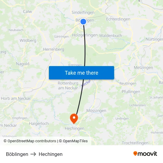 Böblingen to Hechingen map