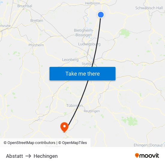 Abstatt to Hechingen map