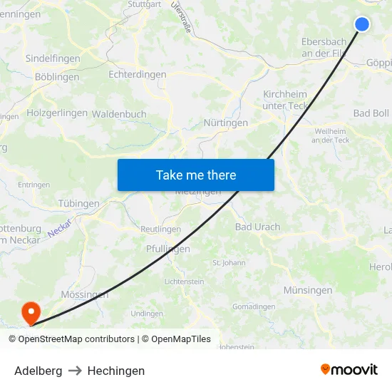 Adelberg to Hechingen map