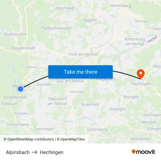 Alpirsbach to Hechingen map