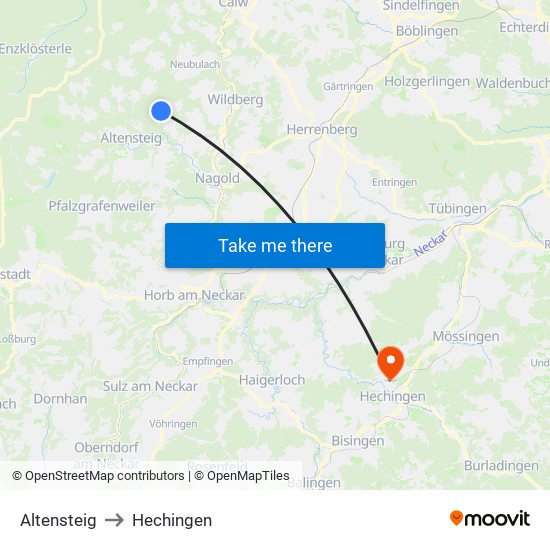 Altensteig to Hechingen map