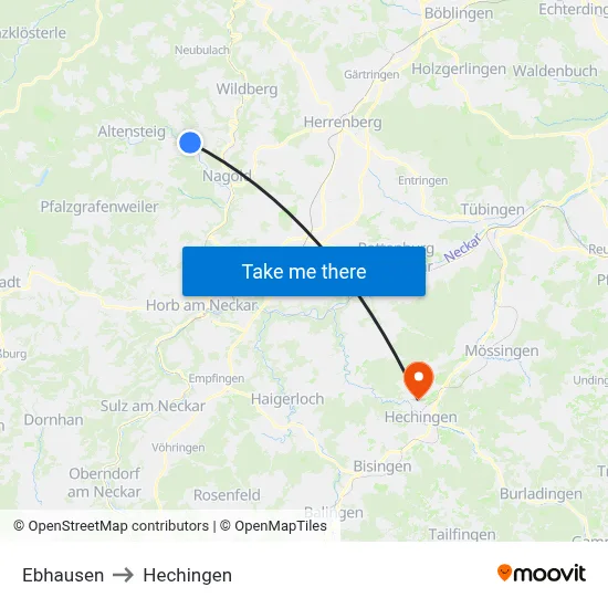 Ebhausen to Hechingen map