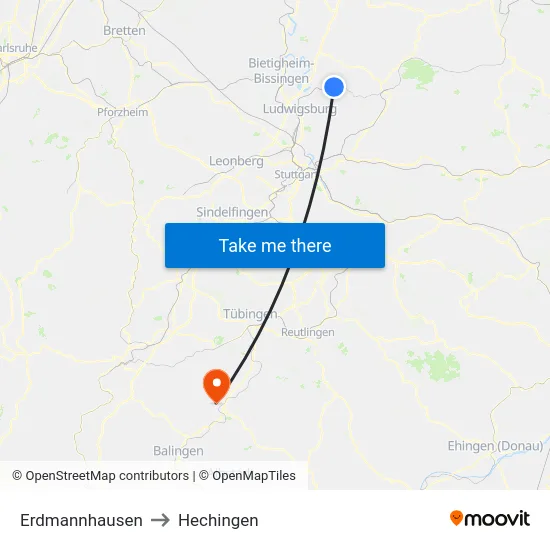 Erdmannhausen to Hechingen map