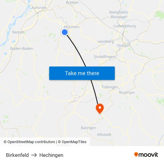 Birkenfeld to Hechingen map