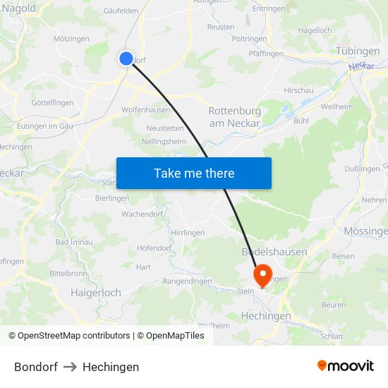 Bondorf to Hechingen map