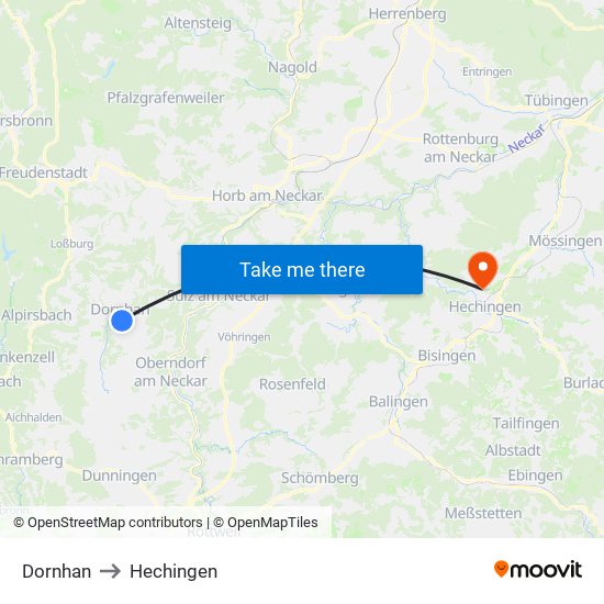 Dornhan to Hechingen map
