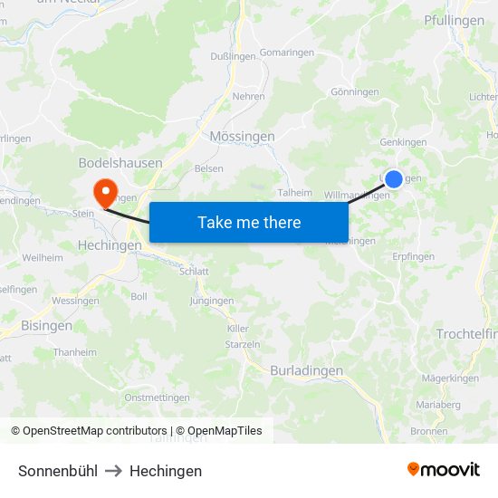 Sonnenbühl to Hechingen map