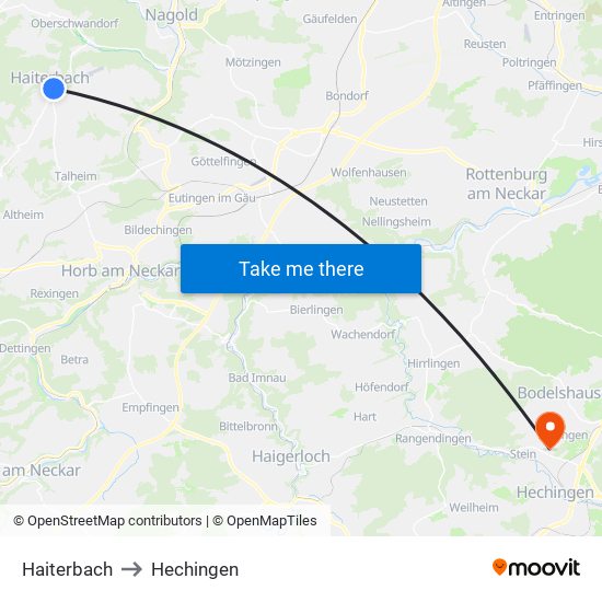 Haiterbach to Hechingen map