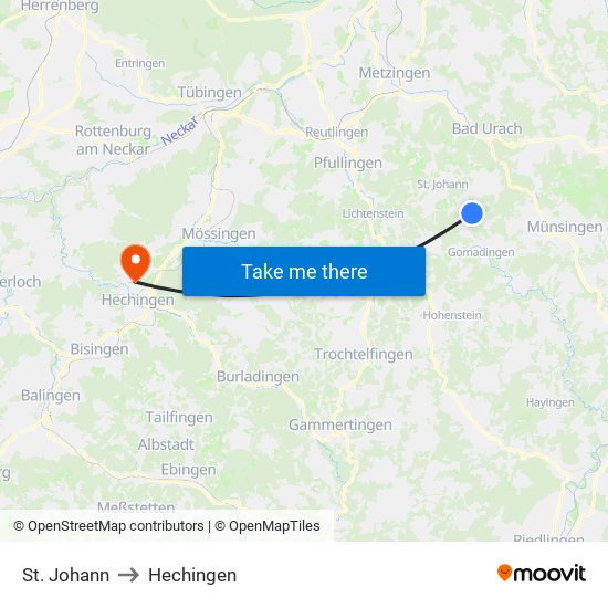 St. Johann to Hechingen map