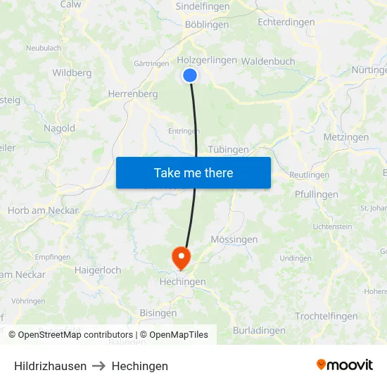 Hildrizhausen to Hechingen map