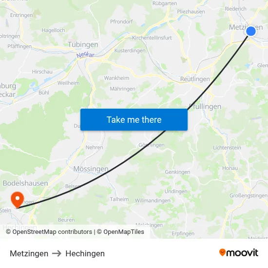 Metzingen to Hechingen map