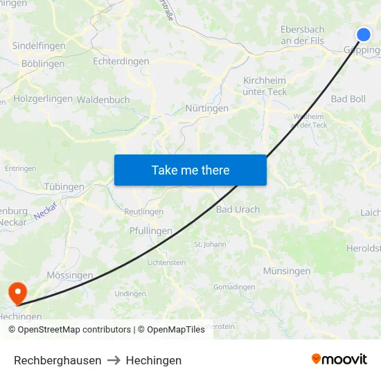 Rechberghausen to Hechingen map