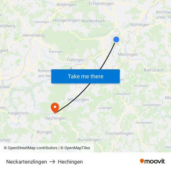 Neckartenzlingen to Hechingen map