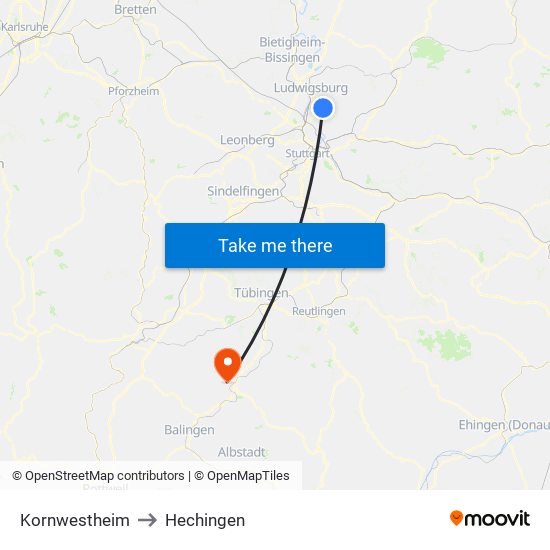 Kornwestheim to Hechingen map