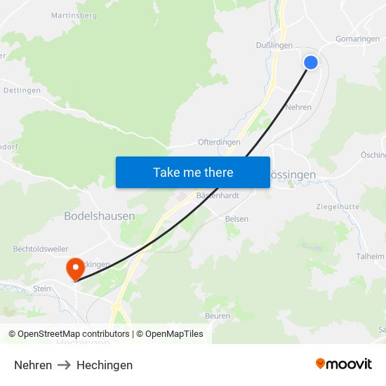 Nehren to Hechingen map