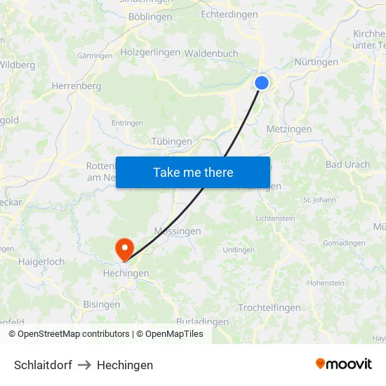 Schlaitdorf to Hechingen map