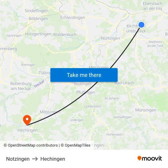 Notzingen to Hechingen map