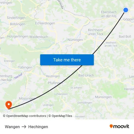 Wangen to Hechingen map