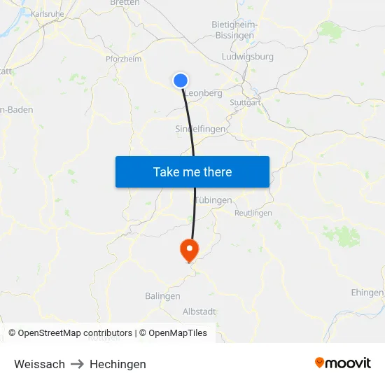 Weissach to Hechingen map