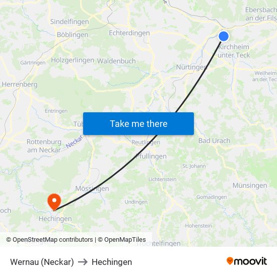 Wernau (Neckar) to Hechingen map
