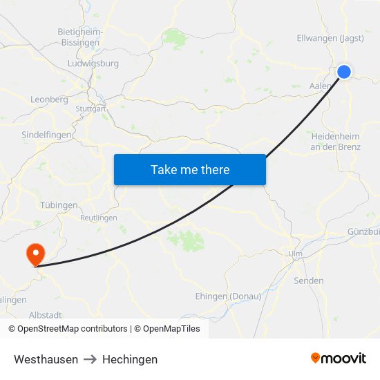 Westhausen to Hechingen map