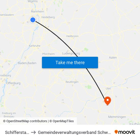 Schifferstadt to Gemeindeverwaltungsverband Schwendi map