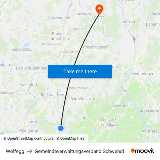 Wolfegg to Gemeindeverwaltungsverband Schwendi map