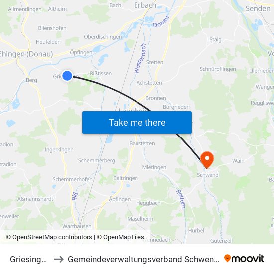 Griesingen to Gemeindeverwaltungsverband Schwendi map