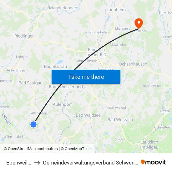 Ebenweiler to Gemeindeverwaltungsverband Schwendi map