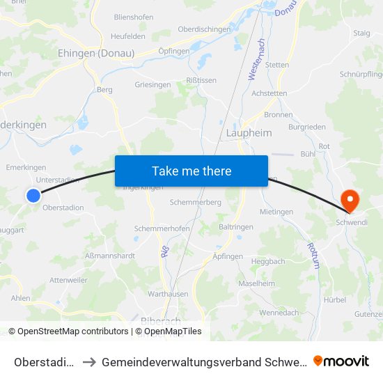 Oberstadion to Gemeindeverwaltungsverband Schwendi map