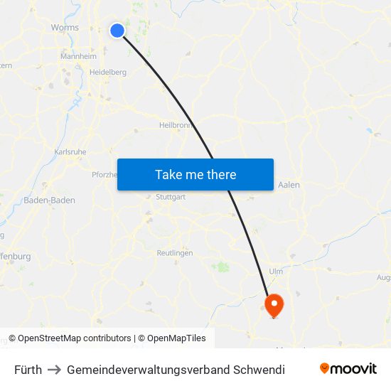 Fürth to Gemeindeverwaltungsverband Schwendi map