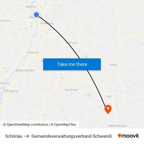 Schönau to Gemeindeverwaltungsverband Schwendi map