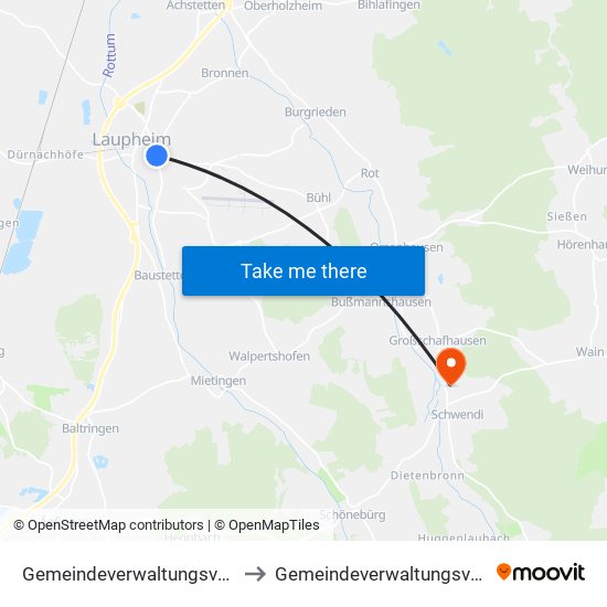 Gemeindeverwaltungsverband Laupheim to Gemeindeverwaltungsverband Schwendi map