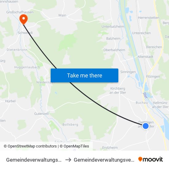 Gemeindeverwaltungsverband Illertal to Gemeindeverwaltungsverband Schwendi map