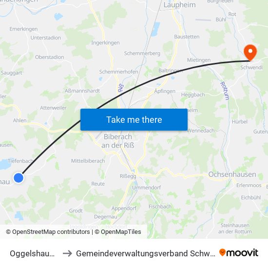 Oggelshausen to Gemeindeverwaltungsverband Schwendi map