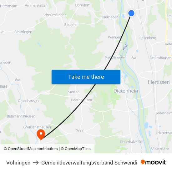 Vöhringen to Gemeindeverwaltungsverband Schwendi map