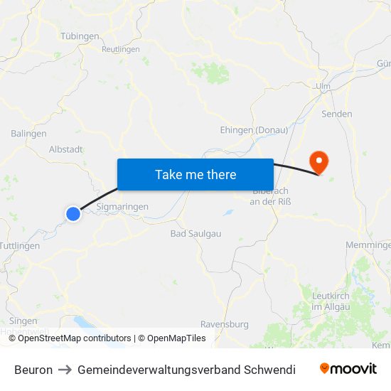 Beuron to Gemeindeverwaltungsverband Schwendi map