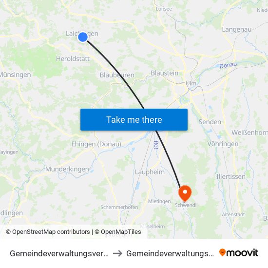 Gemeindeverwaltungsverband Laichinger Alb to Gemeindeverwaltungsverband Schwendi map