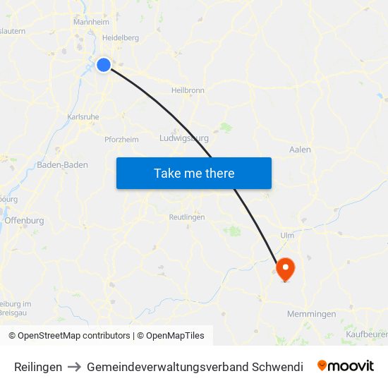 Reilingen to Gemeindeverwaltungsverband Schwendi map