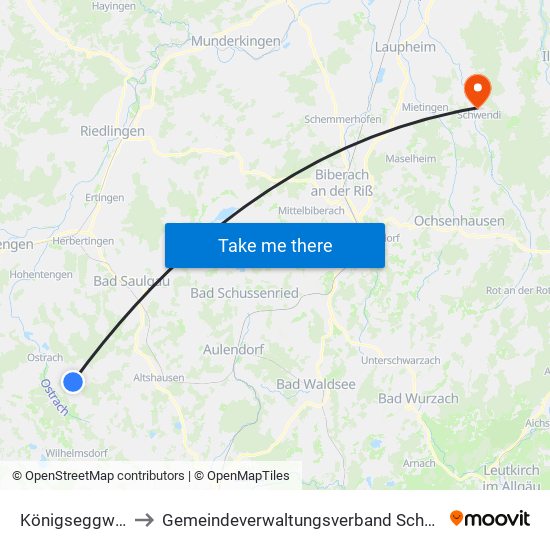 Königseggwald to Gemeindeverwaltungsverband Schwendi map