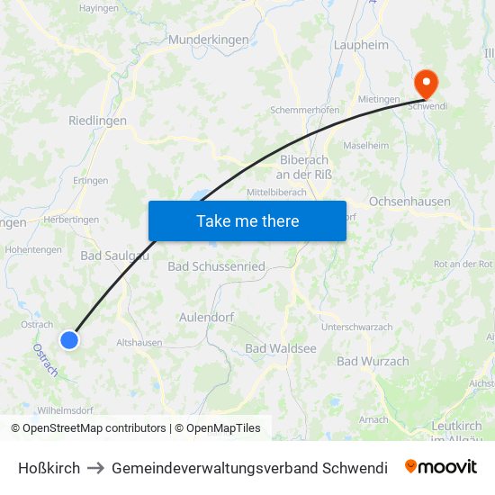 Hoßkirch to Gemeindeverwaltungsverband Schwendi map