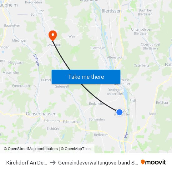 Kirchdorf An Der Iller to Gemeindeverwaltungsverband Schwendi map